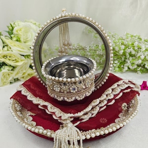 Handmade Karwa Chauth Thali Set: Steel Pooja Plate with Chalni