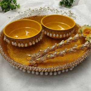 Handcrafted Platter Set: Celebrate your Haldi/Mehandi in style.Haldi/Mehandi ceremony,Wedding celebration,Festive,Stylish platter,pooja Thal
