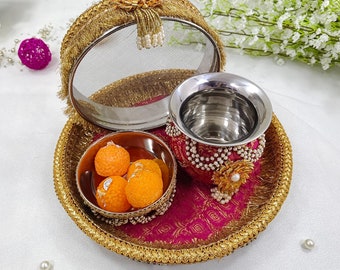 Karva Chauth Decorative Steel Platter with Kalash & Bowl for New Bride - 1 set