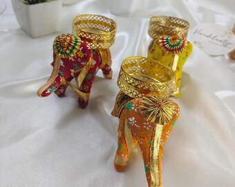 Elephant Tea Light Holder: Metal Base, 2 inch, Blue & Yellow, Red, (Pack of 1)
