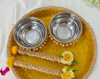 Handcrafted Platter Set Celebrate your Haldi/Mehandi in style Haldi/Mehandi ceremony Wedding celebration festive Stylish platter pooja Thal