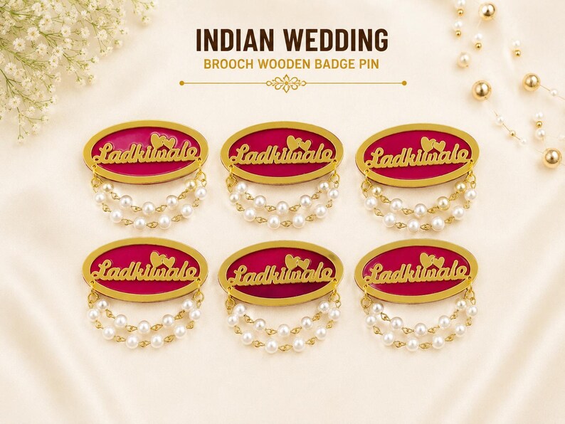 Indian Wedding Brooch 3 Inch Pearl Wooden Badge Pin Groom Sherwani Suit Accessory imagen 2