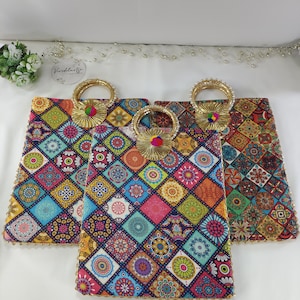 Bolso de mano para novia, regalo de boda, cesta bordada para despedida de soltera, diseño en zigzag, bolso con asa Moti Churi, accesorio de boda