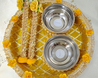 Haldi platter with bowldabber trending tray/ceremony function wedding favour nikkah shadi henna platter haldi decorated thaal hindu marriage