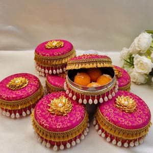 Decorative brocade steel mithai boxes, laddoo boxes, indian sweets gift Dabba