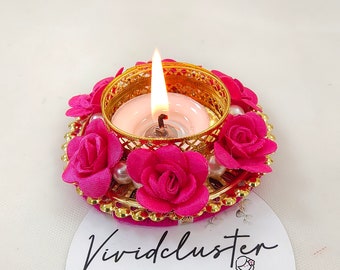 Floral candle tealights, pink color, pearl detailing, Artificial flower