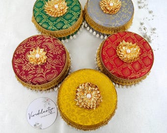 Round Brocade Sweet Box, Steel Base, Decorative Favor Container Medium size