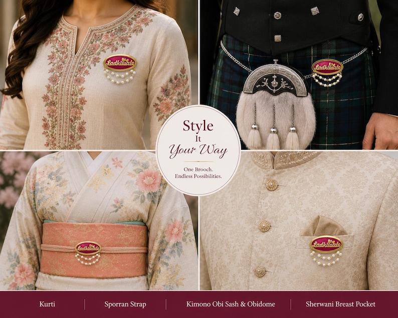 Puede incluir: Un broche ovalado con un centro magenta, el texto dorado 'Ladkewale' y dos hileras colgantes de perlas blancas. El broche se muestra sujeto a un kurti, una correa de sporran, un faj&iacute;n obi de kimono y un bolsillo de pecho de sherwani.