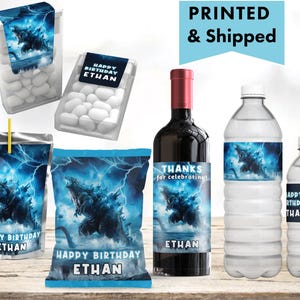 Godzilla Birthday Boys Monster Party, Godzilla King  Chip bag, Water Bottle, Juice Pouch Tic Tac Wine Champagne Labels