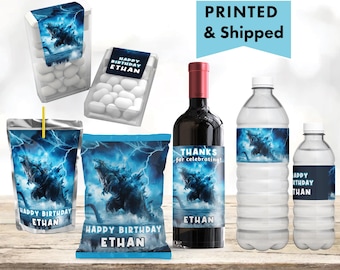 Godzilla Birthday Boys Monster Party, Godzilla King  Chip bag, Water Bottle, Juice Pouch Tic Tac Wine Champagne Labels