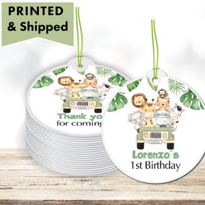Wild One Safari Jungle Animals in Jeep Two Wild Tropical Greenery  PRINTED GIFT TAGS - Thank You Card For Party Favor Bags  Boxes SA01
