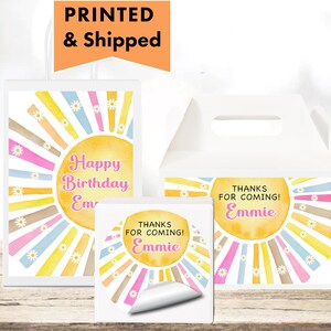 Young Wild And Three Retro Daisy Hippie Pastel Rainbow You are my Sunshine Glossy Labels For Party Favor Bags, Boxes, & Round Stickers YO01