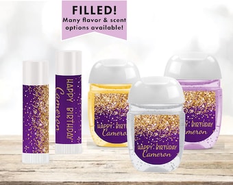 Purple Gold Confetti Glitter Luxury Sparkle Elegant Fancy Any Age Occasion - Lip Balms Chap Stick or Hand Wash - Best Party Favor Idea PU03