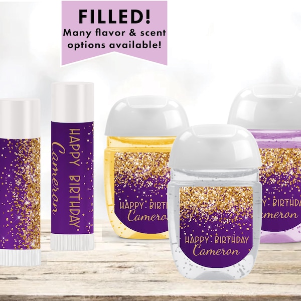 Purple Gold Confetti Glitter Luxury Sparkle Elegant Fancy Any Age Occasion - Lip Balms Chap Stick or Hand Wash - Best Party Favor Idea PU03