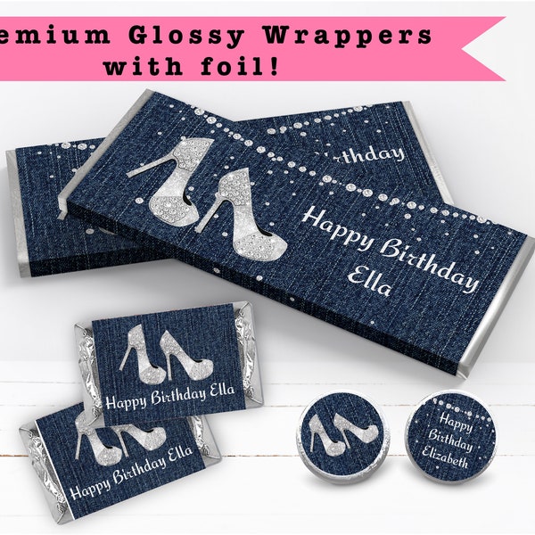 Denim Diamonds & Pearls Elegant High Heels Shoes Glam Glitter - Candy Bar Wrappers Kiss Stickers Chocolate Miniature Party Favor Decoration