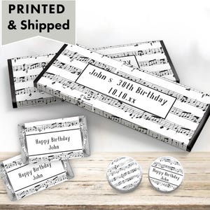 Music Notes Elegant Black White Musical Retirement Birthday Wedding  Recital  PRINTED CANDY BAR Wrappers Chocolate Bar Kiss Stickers Labels