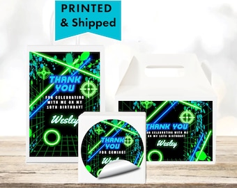 Laser Tag Birthday Neon Laser Tag Blue Green Glow in dark effect  Glossy Labels For Party Favor Bags, Gable Boxes, & Round Stickers