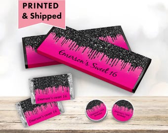 Hot Pink Black Dripping Glitter Metallic Sparkle Luxury Any Age or Occasion - PRINTED CANDY BAR Wrappers Chocolate Kiss Stickers - DR02