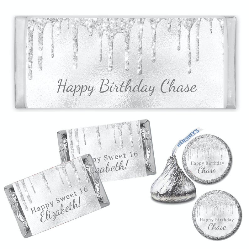 Sticker On Silver Wrapper White Silver Dripping Glitter Metallic Sparkle Luxury Any Age or ...