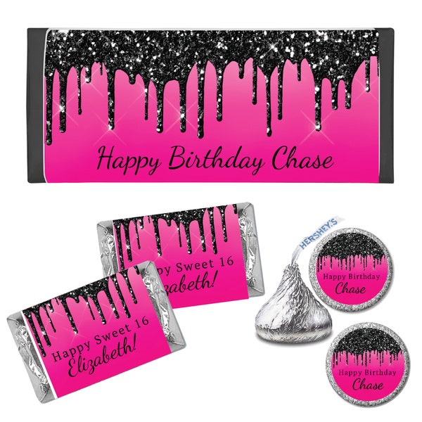 Hot Pink Black Dripping Glitter Metallic Sparkle Luxury Any Age or Occasion - PRINTED CANDY BAR Wrappers Chocolate Kiss Stickers -
