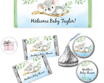 Koala Bear Rustic Greenery Eucalyptus - PRINTED CANDY BAR Wrappers Labels  Chocolate Kiss Stickers -