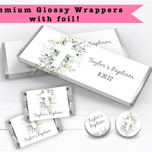 Eucalyptus Greenery & Gold Cross Floral Simple Elegant - PRINTED CANDY BAR Wrappers Chocolate Kiss Stickers -