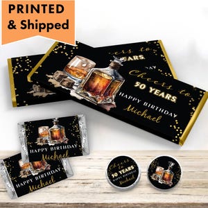 Whiskey Cheers to Any Age Black Gold Glitter Milestone Birthday Dinner  Hershey chocolate bar wrappers, mini candy labels, and kiss stickers