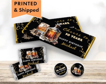 Whiskey Cheers to Any Age Black Gold Glitter Milestone Birthday Dinner  Hershey chocolate bar wrappers, mini candy labels, and kiss stickers