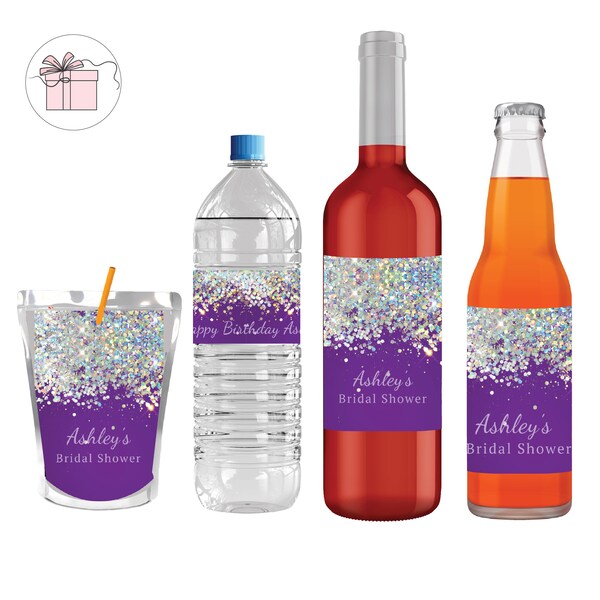 Elegant Purple White Silver  Holographic Sparkly Glitter    - Water Bottle Juice Pouch Wine Beer Champage Liquor Lable Sticker