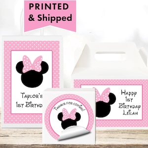 Mouse Head Minnie Inspired Pink & Black - PRINTED GLOSSY LABELS - For Party Favor Bags, Gable Boxes, Gift Bags, Round Square Stickers MI05