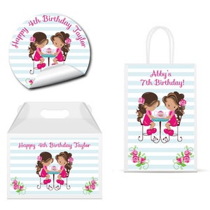 Tea Party Adorable Cute Little Girls Par-Tea  - PRINTED GLOSSY LABELS - For Party Favor Gift Bag Gable Box Round Square Sticker