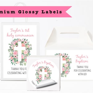 Blush Pink Floral Roses Cross Baptism First Communion Religious   -  PRINTED GLOSSY LABELS - For Party Favor Gift Bag Box