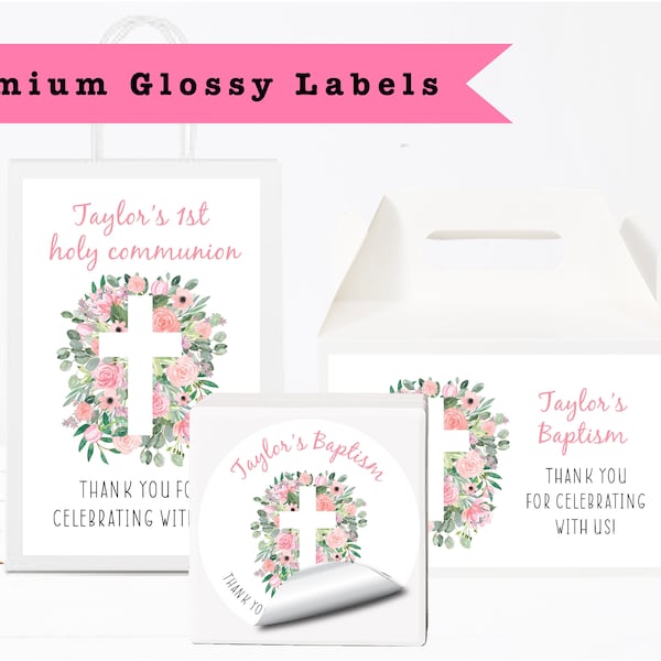 Blush Pink Floral Roses Cross Baptism First Communion Religious   -  PRINTED GLOSSY LABELS - For Party Favor Gift Bag Box