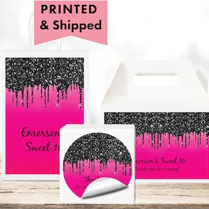 Hot Pink Black Dripping Glitters Metallic Sparkle Luxury PRINTED GLOSSY LABELS Party Favor Gift Bag Gable Box Round Square Sticker DR02