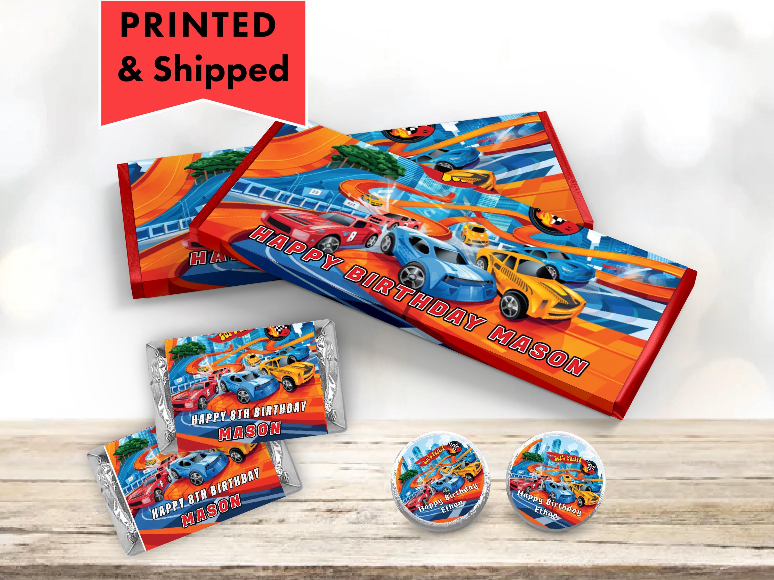 Hot Race Cars Hot Monster Wheels Four Wheels Kids Let's Race! Hershey chocolate bar wrappers, mini candy labels kiss stickers