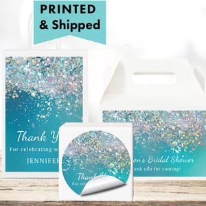 Turquoise Aqua Teal Holographic Silver White Glitter Sparkle Luxury PRINTED GLOSSY LABEL Party Favor Gift Bag Gable Box Round Sticker