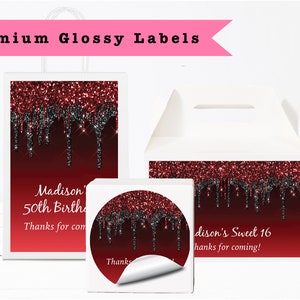 Red Black Dripping Glitters Metallic Sparkle Luxury - PRINTED GLOSSY LABELS For Party Favor Gift Bag Gable Box Round Square Sticker