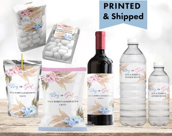 Boho Gender Reveal Boy or Girl Gender Reveal Pampas Grass Bohemian Chip bag, Water Bottle, Juice Pouch or Tic Tac Labels