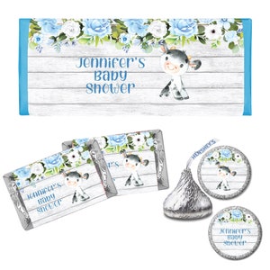 Little Cow Baby Boy Blue Floral Flowers   - PRINTED CANDY BAR Wrappers Labels  Chocolate Kiss Stickers -