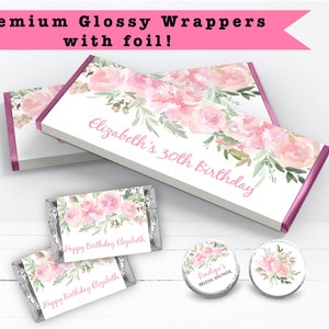 Soft Baby Pink Blush Floral Roses Flowers Elegant Watercolor   - PRINTED Candy Bar Wrappers Chocolate Labels Kiss Stickers