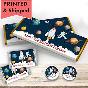 Outer Space Birthday Planets Rocket Ship Astronaut Galaxy Blast Off   PRINTED CANDY BAR Wrappers Chocolate Bar Kiss Stickers Labels SP01