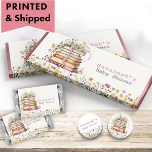 A New Chapter Next Chapter Begins Pile of Books Storybook Floral Wildflowers Hershey chocolate bar wrappers, mini candy labels kiss stickers