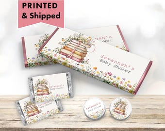 A New Chapter Next Chapter Begins Pile of Books Storybook Floral Wildflowers Hershey chocolate bar wrappers, mini candy labels kiss stickers