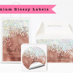 Elegant Rose Gold Holographic Sparkly Metallic Glitter   - PRINTED GLOSSY LABELS For Party Favor Gift Bag Gable Box Round Square Sticker