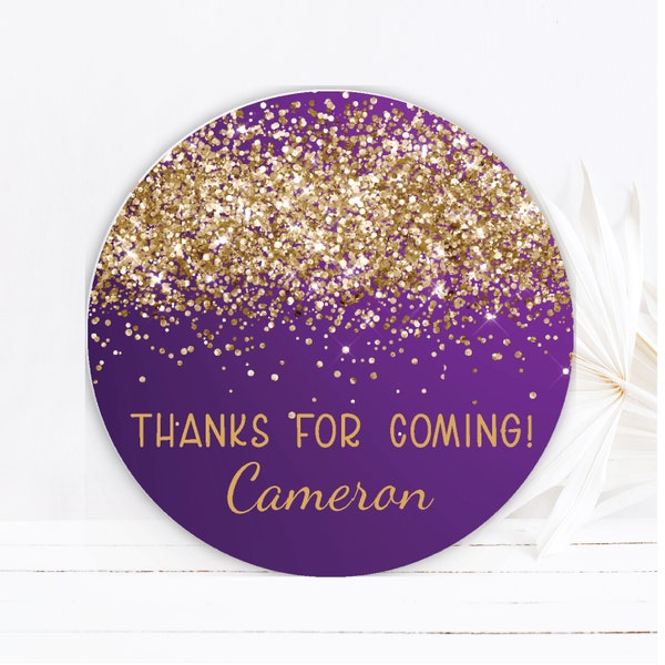 Purple Gold Confetti Glitter Luxury Sparkle Elegant Fancy PRINTED GLOSSY LABELS Party Favor Gift Bag Gable Box Round Square Stickers