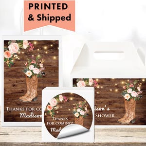 Rustic Boots Cowboy Cowgirl Floral String Lights Western Country Barn PRINTED GLOSSY LABELS For Party Favor Gift Bags Box Round Sticker CH06