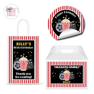 Movie Theatre | Cinema Film Popcorn | Movie Night - PRINTED GLOSSY LABELS - For Party Favor Bag, Gable Boxes, Round Gift Square Sticker