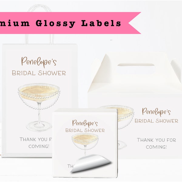Pearls & Prosecco Bridal Shower Champagne Glass Watercolor Fancy Elegant  PRINTED GLOSSY LABELS - For Party Favor Bag Box Round Gift Sticker