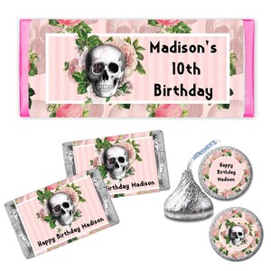 Pink Black Floral Skull Goth Gothic Vintage Roses   - PRINTED CANDY BAR Wrappers Labels  Chocolate Kiss Stickers -