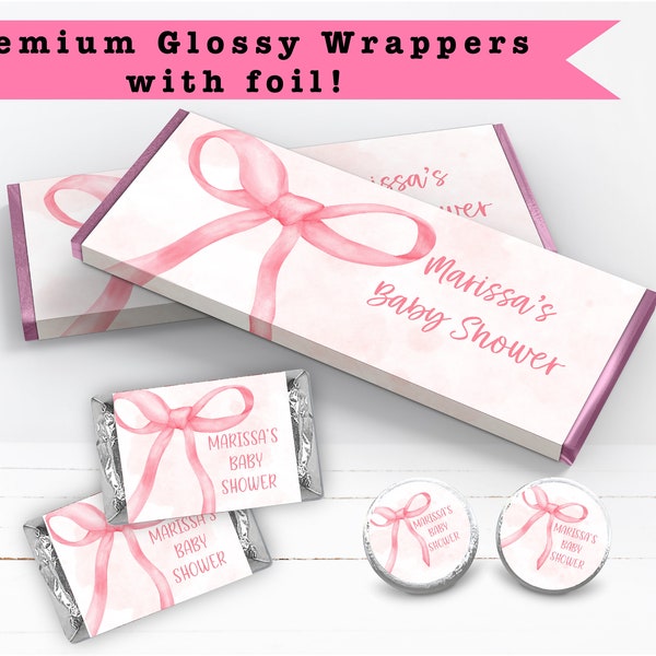 Blush Pink Bow Minimalist Watercolor Ribbon Coquette Elegant Charming PRINTED CANDY BAR Wrappers Chocolate Bar Kiss Stickers Labels
